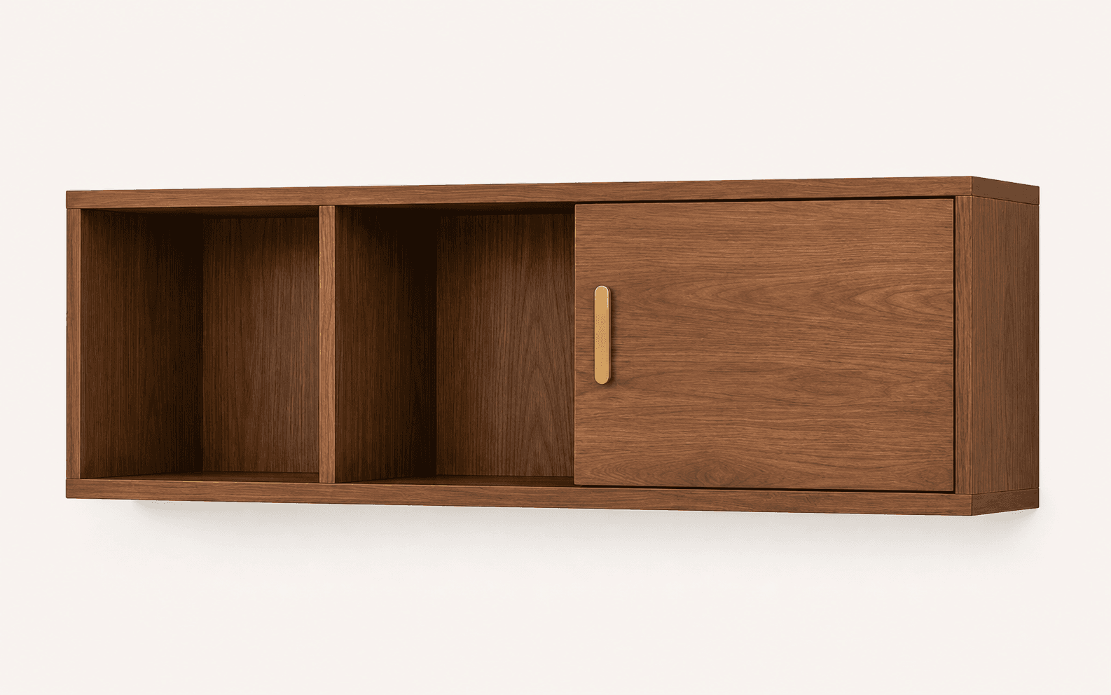 wall walnut – kệ treo tường plywood veneer gỗ óc chó với tay cầm kim loại màu vàng bên trái