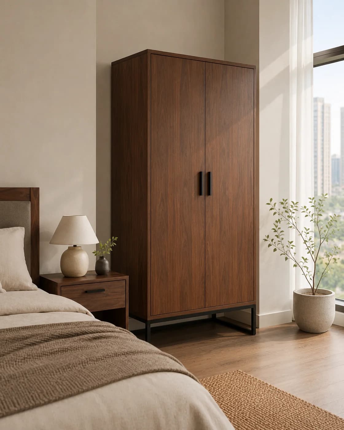 Tủ quần áo plywood veneer gỗ óc chó 2 cánh trong phòng ngủ