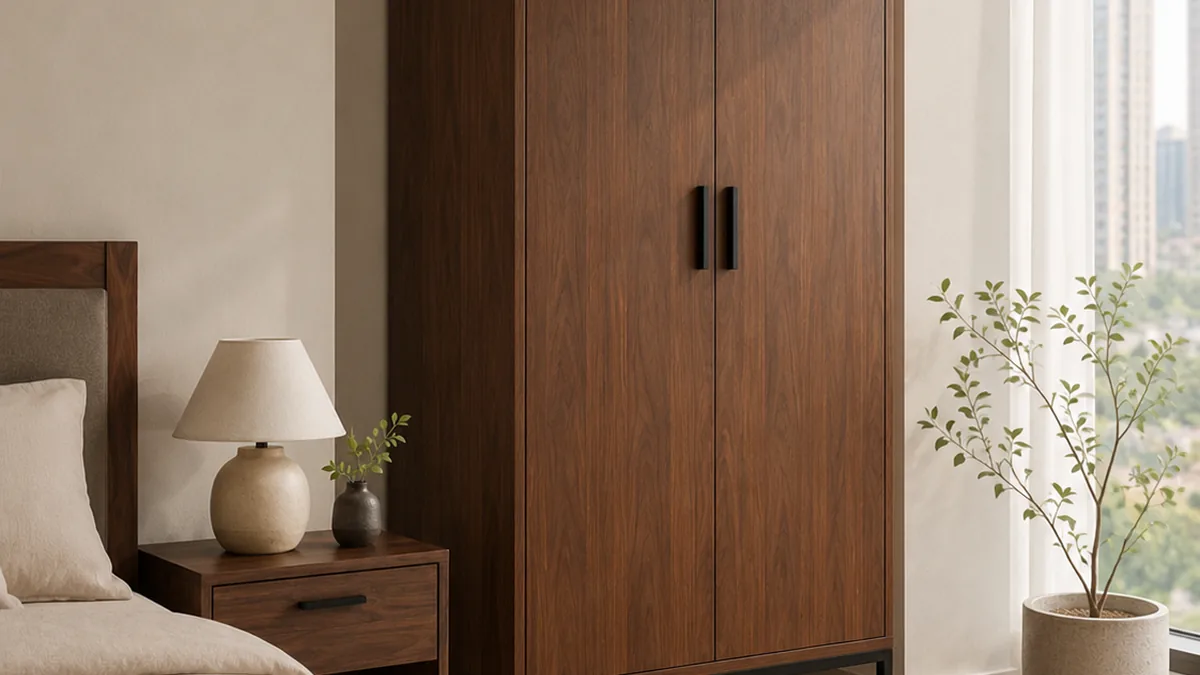 Tủ quần áo plywood veneer gỗ óc chó trong không gian phòng ngủ
